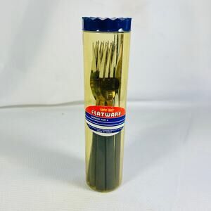 12 piece Vintage Picnic Flatware Camping Blue plastic handle Taiwan Stainless